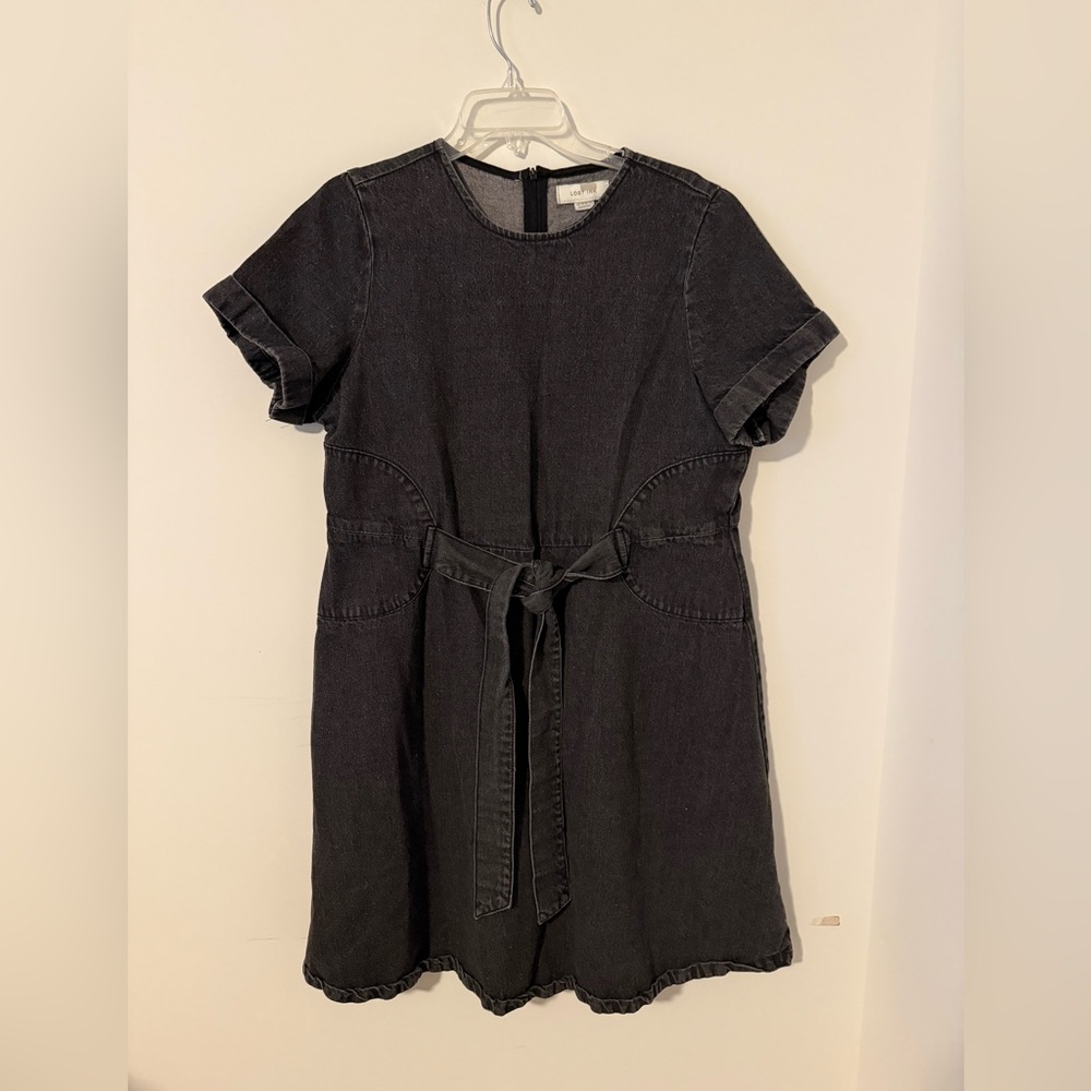 Lost Ink Black Denim Short Sleeve Dress with Tie Waist Sz 14